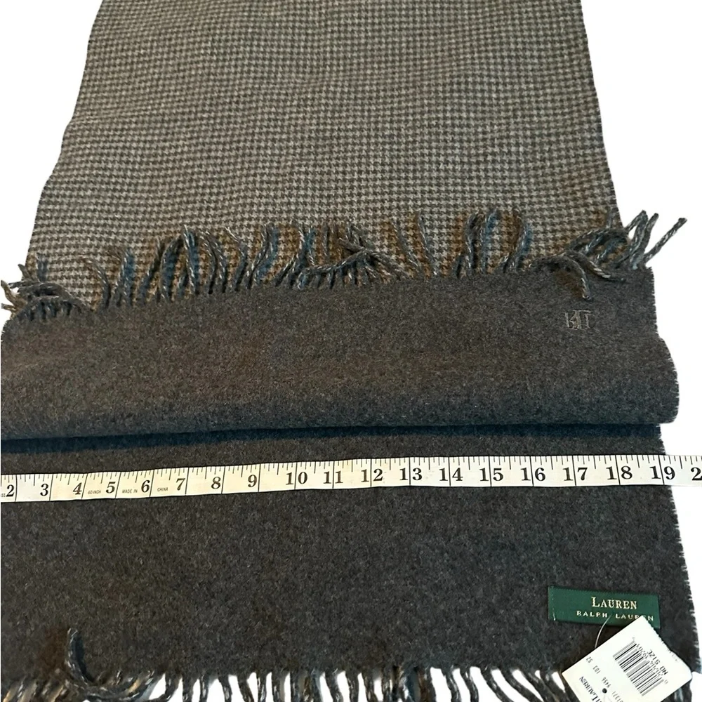 Lauren Ralph Lauren Gray Houndstooth 80% Lambswool Scarf Made in Italy Reversibl